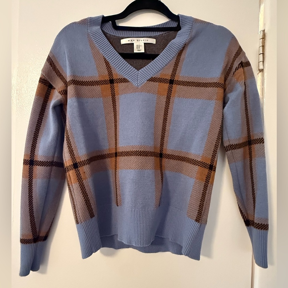 Max Studio Blue and Brown Plaid V-Neck Sweater